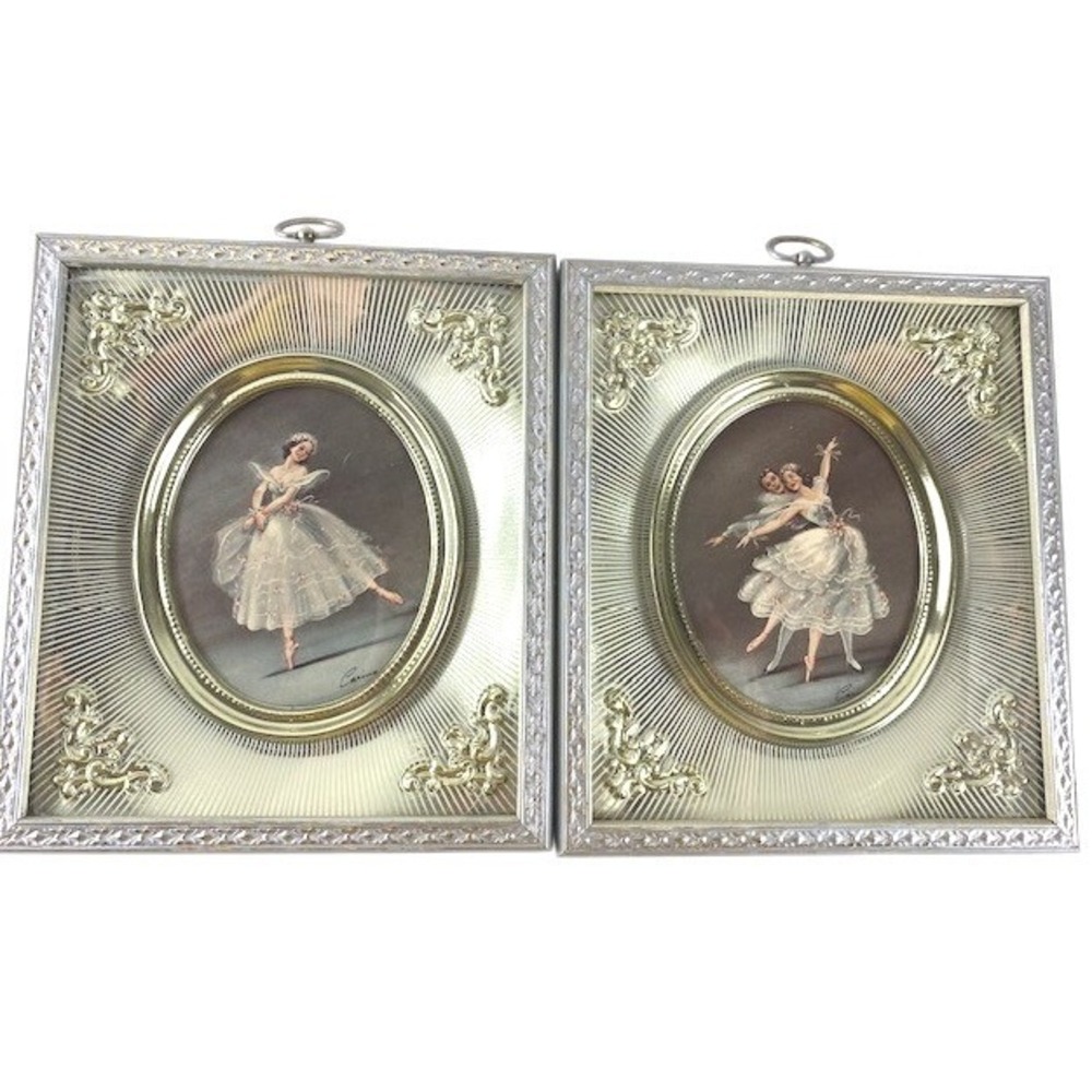 Vintage Carina Ballerina Framed Art Prints Set of 2 Silver Gold Tone Mid Century